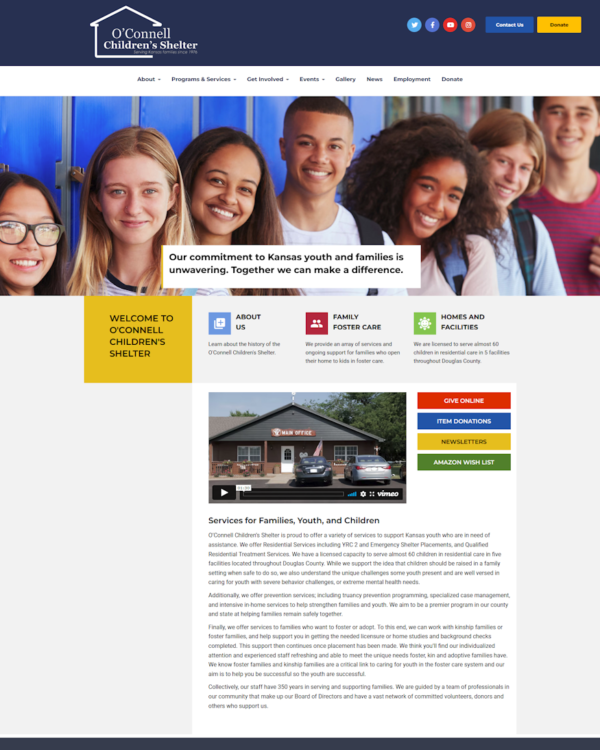 Screen shot of the homepage of the O'Connell Children's Shelter website